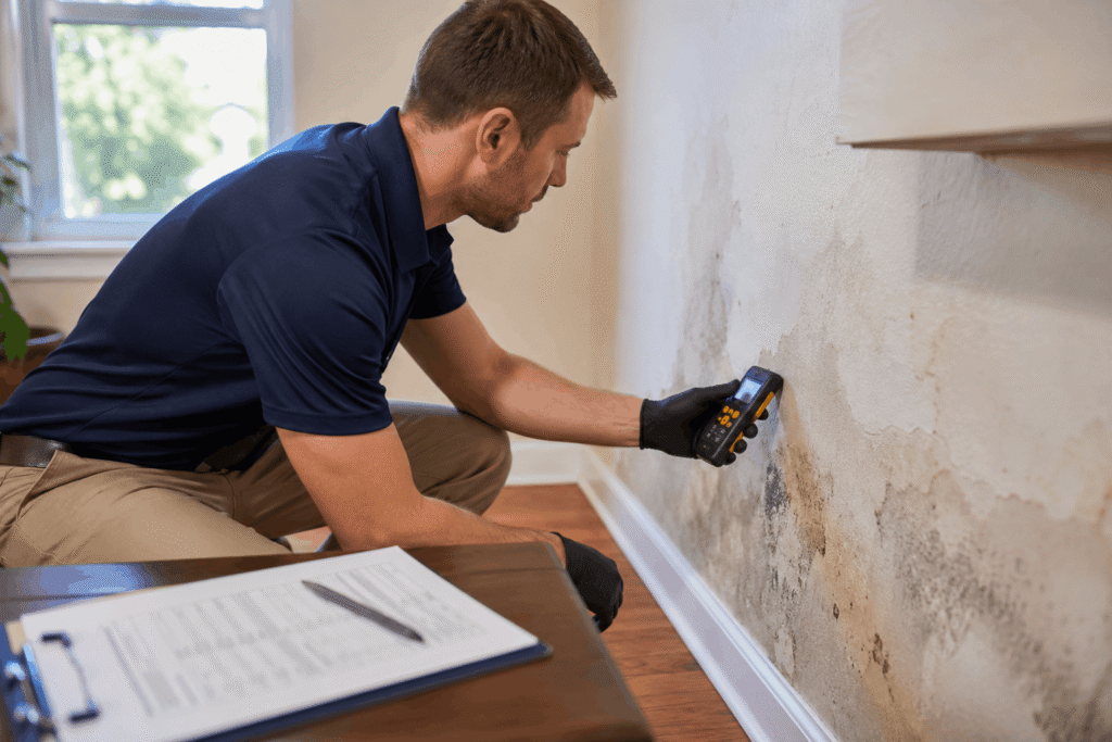 Professional restoration technician using a handheld moisture meter to inspect a water-damaged interior wall with visible water stains and minor mold discoloration in a residential home.